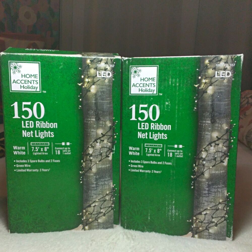 Set of 2 Home Accents Holiday 150 LED Ribbon Net Lights Warm White 7.5x8ft Wire